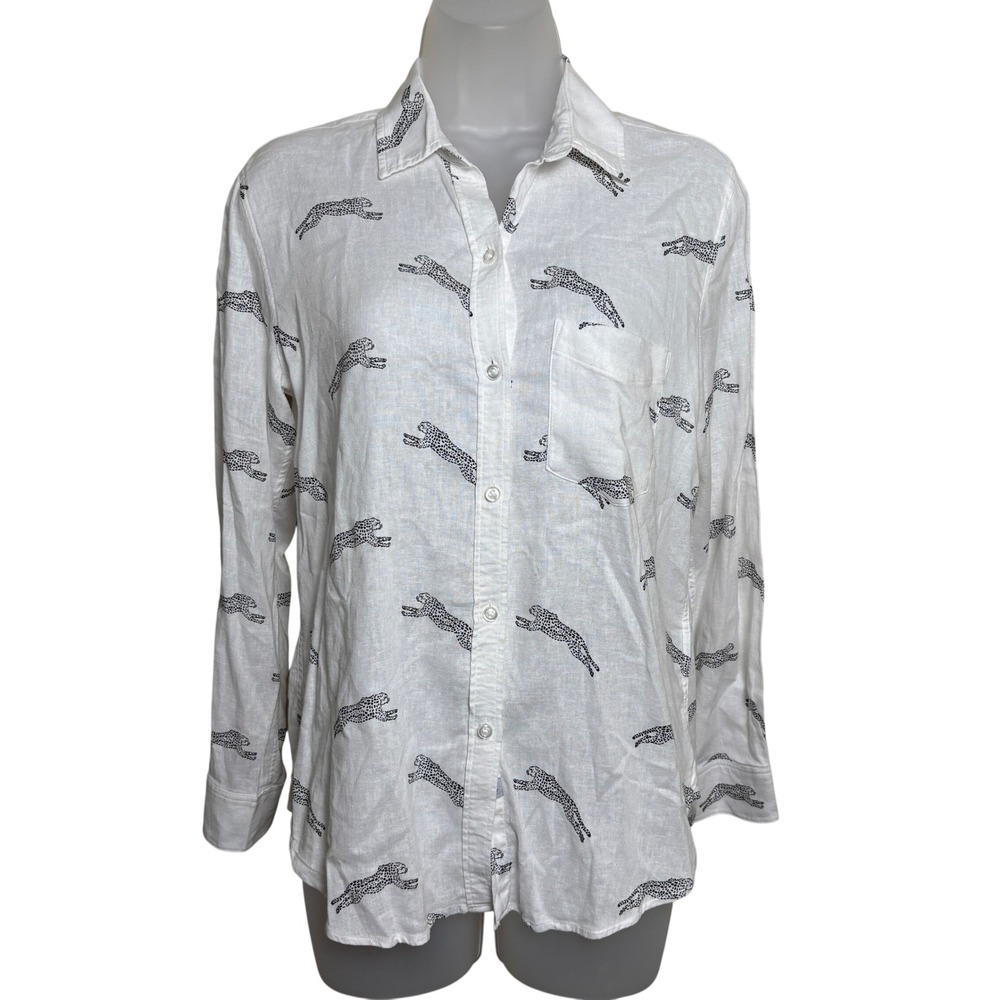 Rails White Cheetah AOP Long Sleeve Chest Pocket Button Up Shirt Blouse Women XS